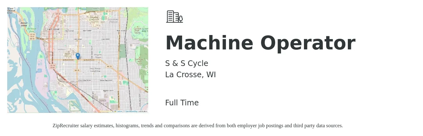 S & S Cycle job posting for a Machine Operator in La Crosse, WI with a salary of $16 to $19 Hourly with a map of La Crosse location.
