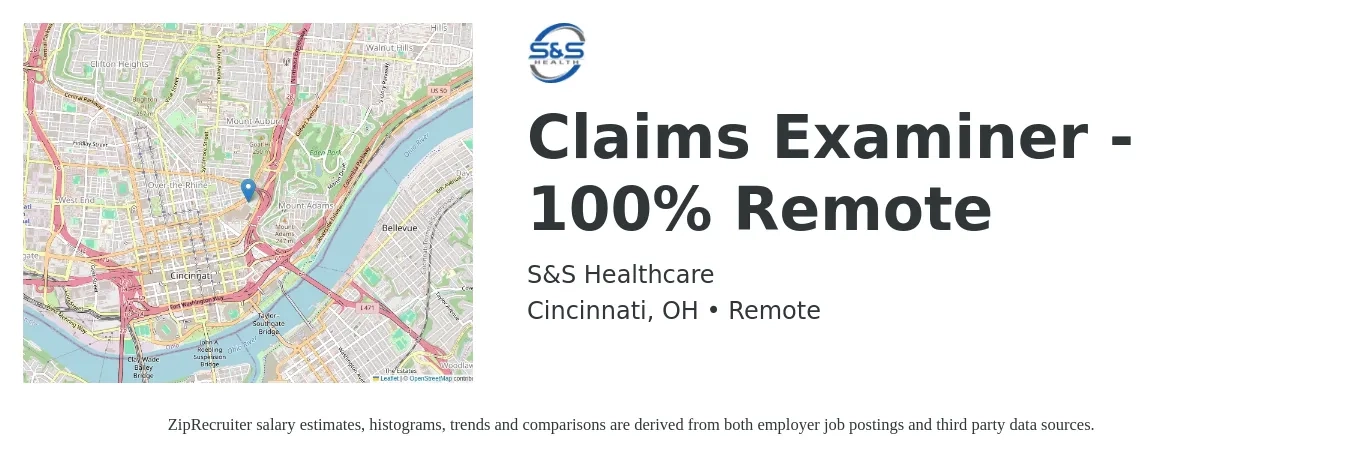 S&S Healthcare job posting for a Claims Examiner - 100% Remote in Cincinnati, OH with a salary of $22 to $35 Hourly with a map of Cincinnati location.