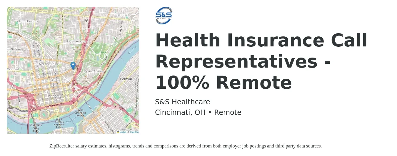 S&S Healthcare job posting for a Health Insurance Call Representatives - 100% Remote in Cincinnati, OH with a salary of $15 to $19 Hourly with a map of Cincinnati location.