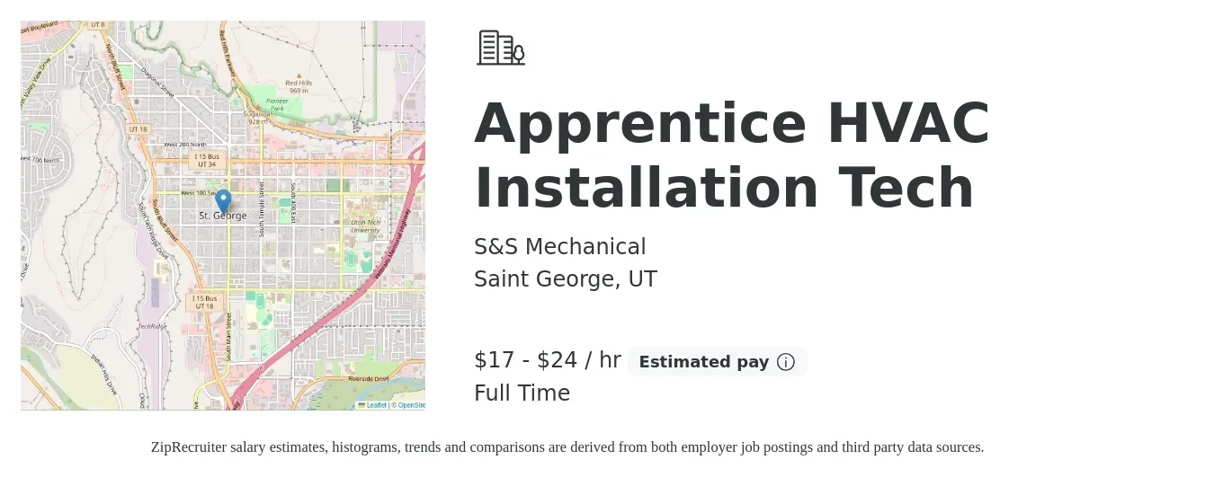 S&S Mechanical job posting for a Apprentice HVAC Installation Tech in Saint George, UT with a salary of $18 to $25 Hourly with a map of Saint George location.