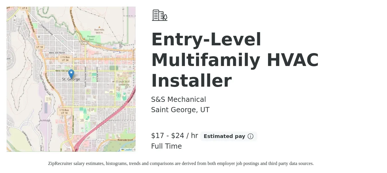 S&S Mechanical job posting for a Entry-Level Multifamily HVAC Installer in Saint George, UT with a salary of $18 to $25 Hourly with a map of Saint George location.