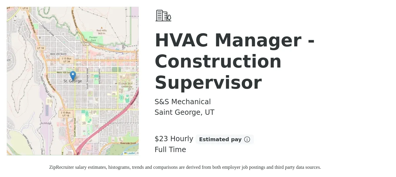 S&S Mechanical job posting for a HVAC Manager - Construction Supervisor in Saint George, UT with a salary of $24 Hourly with a map of Saint George location.