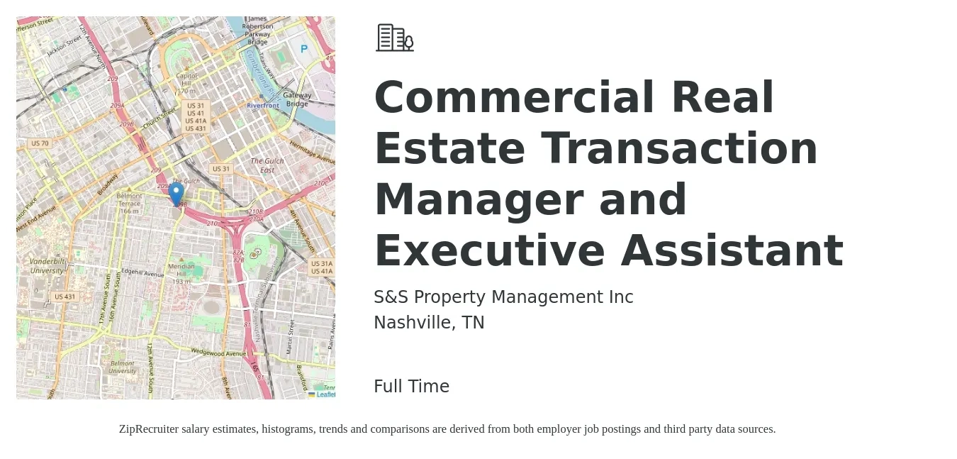 S&S Property Management Inc job posting for a Commercial Real Estate Transaction Manager and Executive Assistant in Nashville, TN with a salary of $60,000 Yearly with a map of Nashville location.