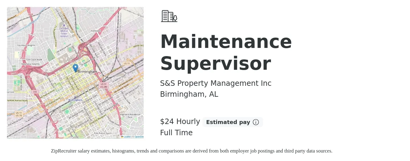 S&S Property Management Inc job posting for a Maintenance Supervisor in Birmingham, AL with a salary of $25 Hourly with a map of Birmingham location.