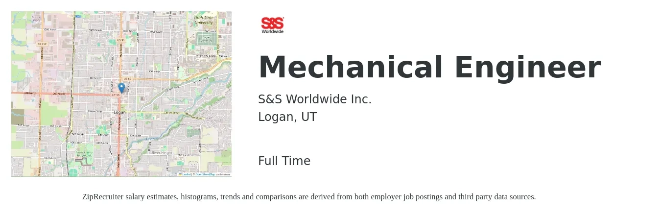 S&S Worldwide Inc. job posting for a Mechanical Engineer in Logan, UT with a salary of $80,000 to $100,000 Yearly with a map of Logan location.