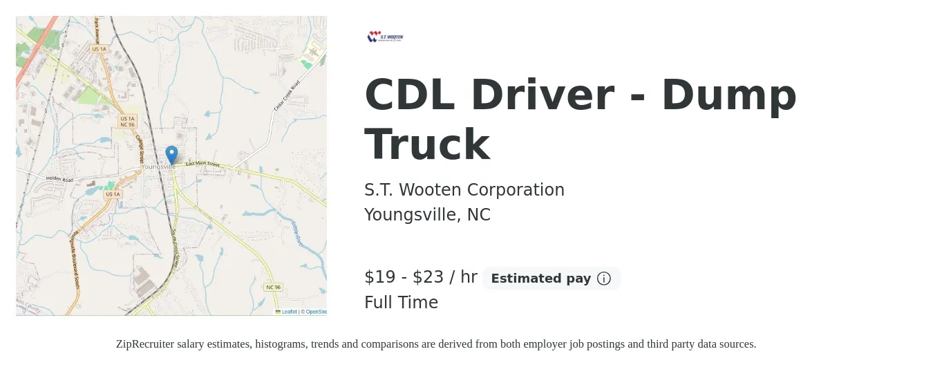 S.T. Wooten Corporation job posting for a CDL Driver - Dump Truck in Youngsville, NC with a salary of $20 to $24 Hourly with a map of Youngsville location.