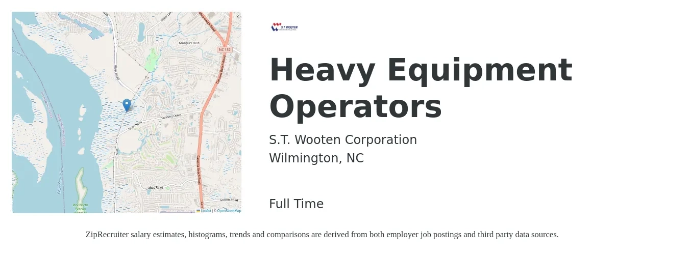 S.T. Wooten Corporation job posting for a Heavy Equipment Operators in Wilmington, NC with a salary of $19 to $26 Hourly with a map of Wilmington location.