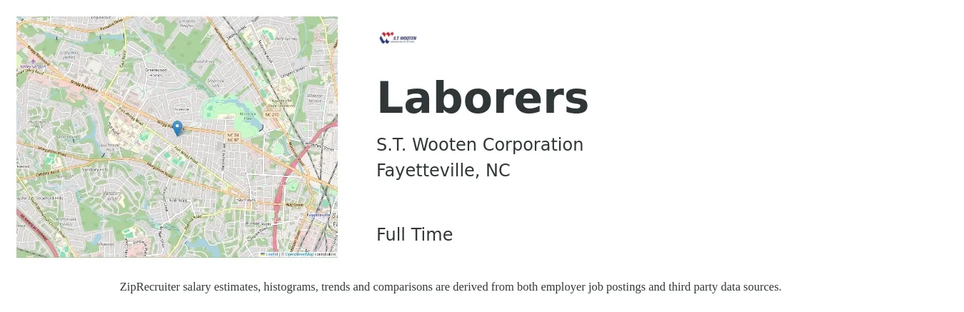 S.T. Wooten Corporation job posting for a Laborers in Fayetteville, NC with a salary of $15 to $18 Hourly with a map of Fayetteville location.