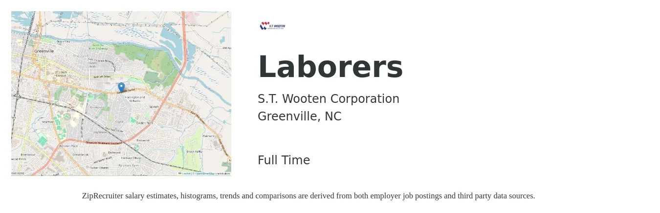 S.T. Wooten Corporation job posting for a Laborers in Greenville, NC with a salary of $15 to $19 Hourly with a map of Greenville location.