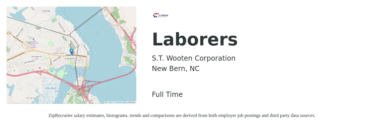 S.T. Wooten Corporation job posting for a Laborers in New Bern, NC with a salary of $13 to $16 Hourly with a map of New Bern location.
