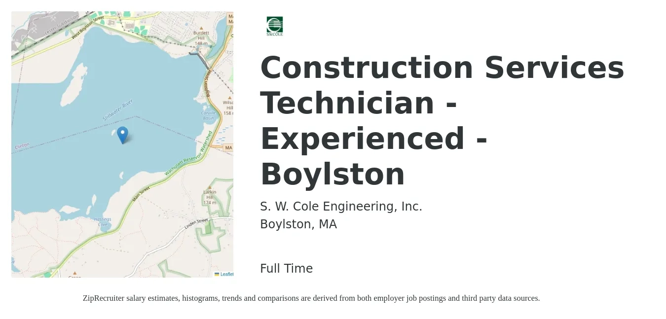 S. W. Cole Engineering, Inc. job posting for a Construction Services Technician - Experienced - Boylston in Boylston, MA with a salary of $21 to $28 Hourly with a map of Boylston location.