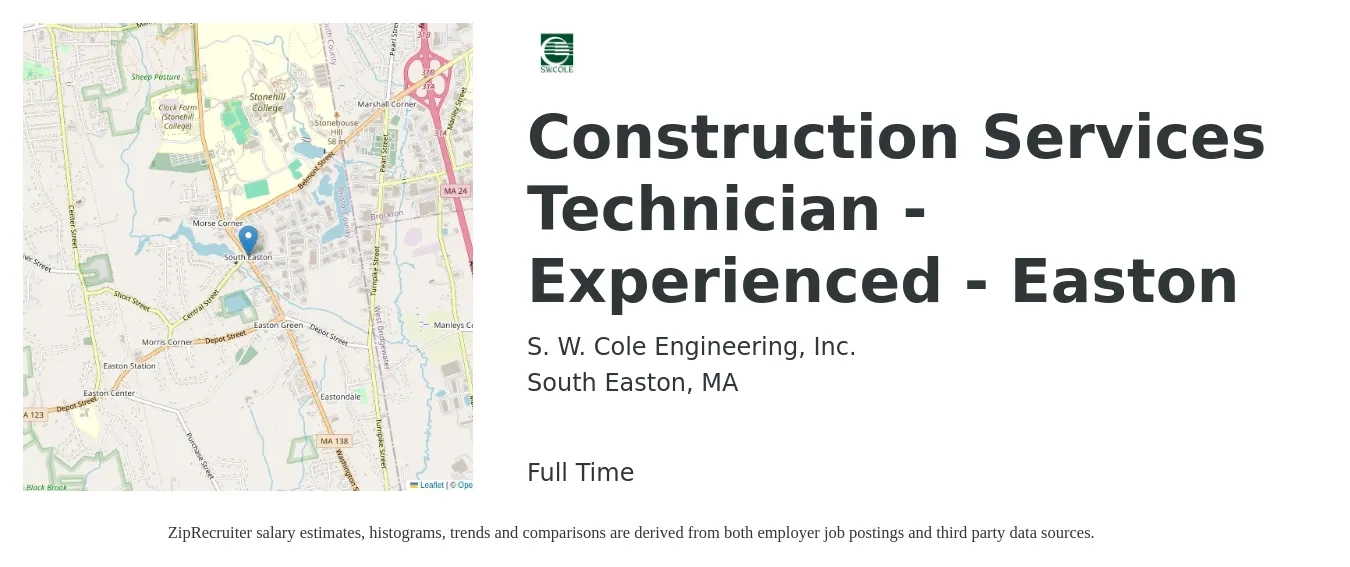 S. W. Cole Engineering, Inc. job posting for a Construction Services Technician - Experienced - Easton in South Easton, MA with a salary of $21 to $28 Hourly with a map of South Easton location.