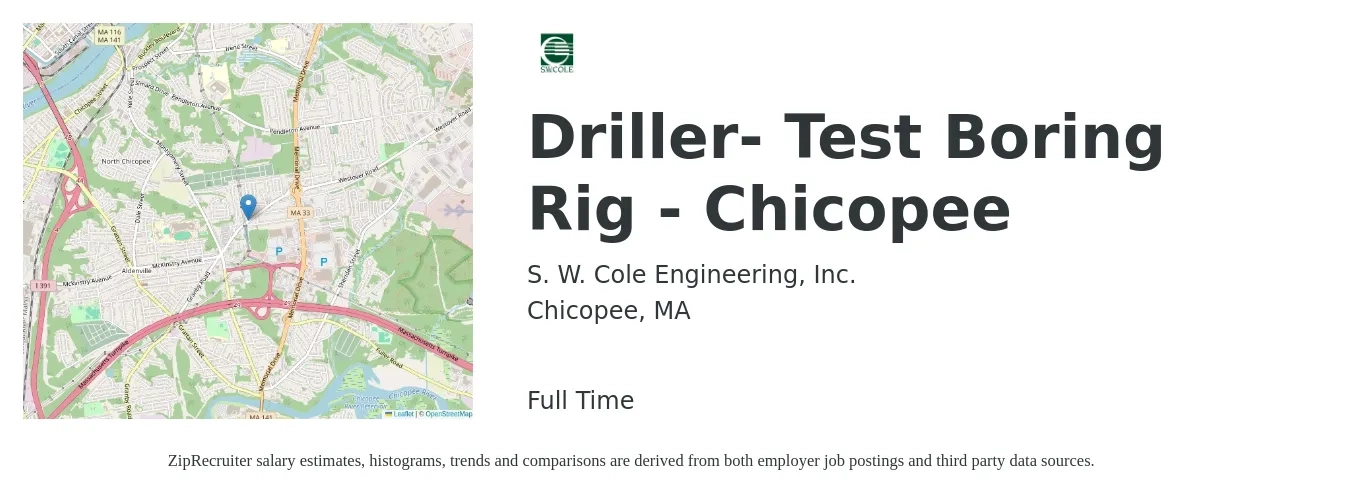 S. W. Cole Engineering, Inc. job posting for a Driller- Test Boring Rig - Chicopee in Chicopee, MA with a salary of $25 to $35 Hourly with a map of Chicopee location.