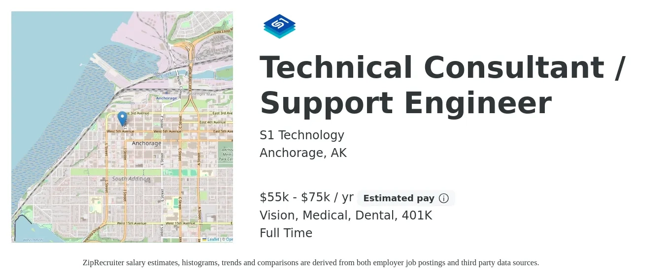 S1 Technology job posting for a Technical Consultant / Support Engineer in Anchorage, AK with a salary of $55,000 to $75,000 Yearly and benefits including 401k, dental, life_insurance, medical, and vision with a map of Anchorage location.