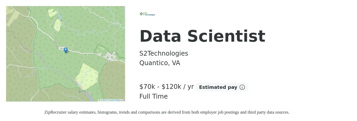 S2Technologies job posting for a Data Scientist in Quantico, VA with a salary of $70,000 to $120,000 Yearly with a map of Quantico location.