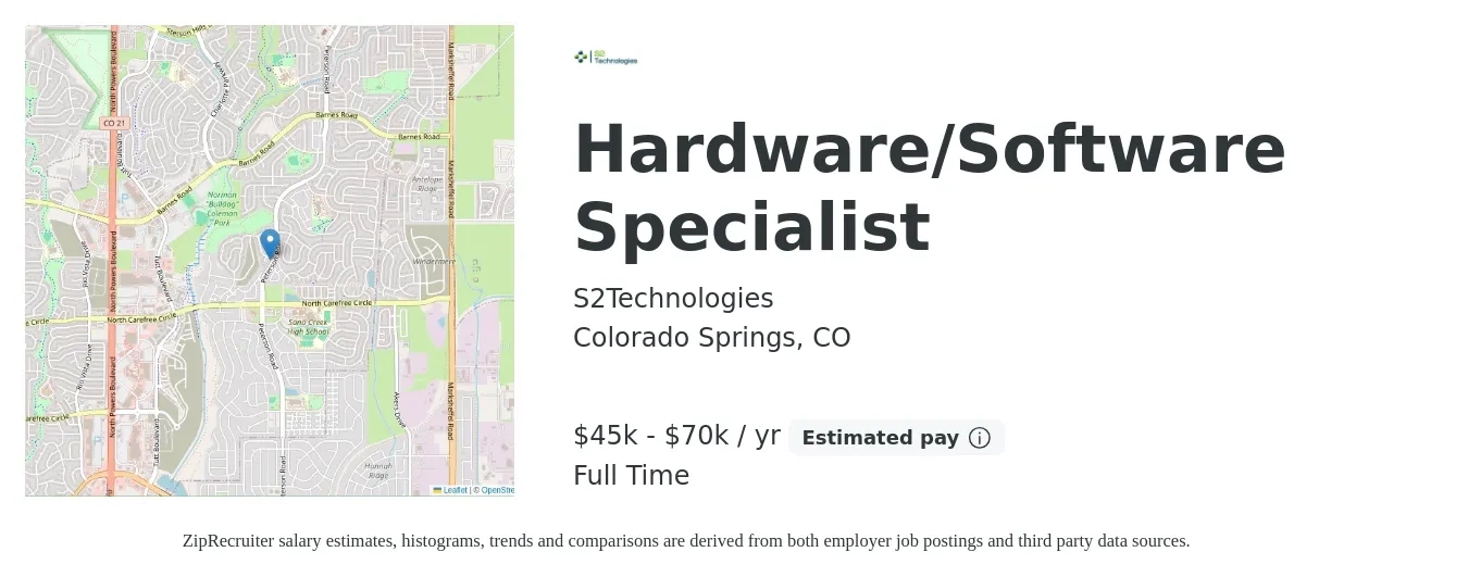 S2Technologies job posting for a Hardware/Software Specialist in Colorado Springs, CO with a salary of $45,000 to $70,000 Yearly with a map of Colorado Springs location.