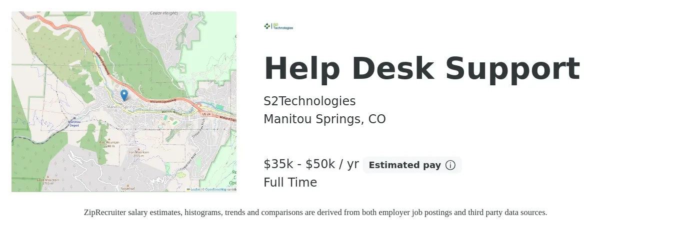 S2Technologies job posting for a Help Desk Support in Manitou Springs, CO with a salary of $35,000 to $50,000 Yearly with a map of Manitou Springs location.