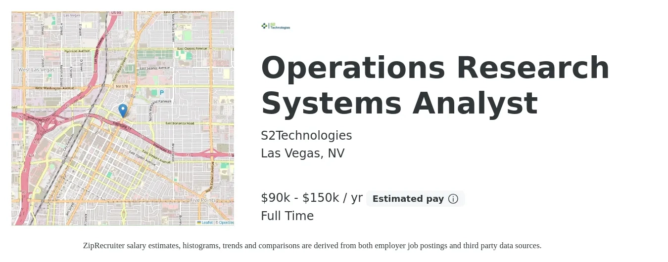 S2Technologies job posting for a Operations Research Systems Analyst in Las Vegas, NV with a salary of $90,000 to $150,000 Yearly with a map of Las Vegas location.
