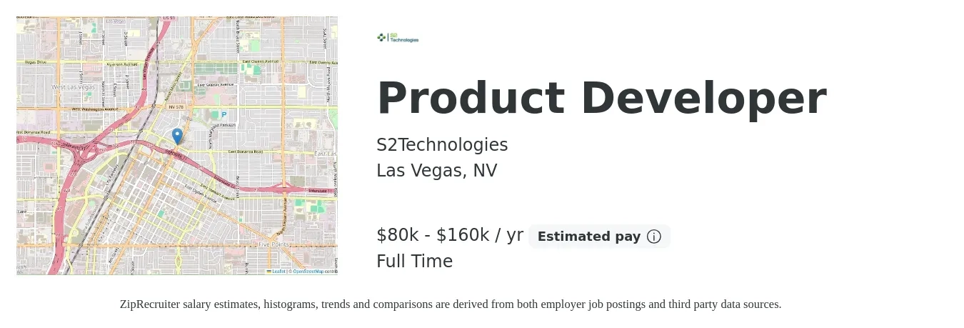 S2Technologies job posting for a Product Developer in Las Vegas, NV with a salary of $80,000 to $160,000 Yearly with a map of Las Vegas location.