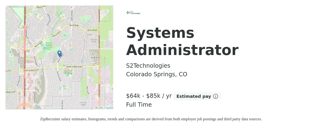 S2Technologies job posting for a Systems Administrator in Colorado Springs, CO with a salary of $64,000 to $85,000 Yearly with a map of Colorado Springs location.