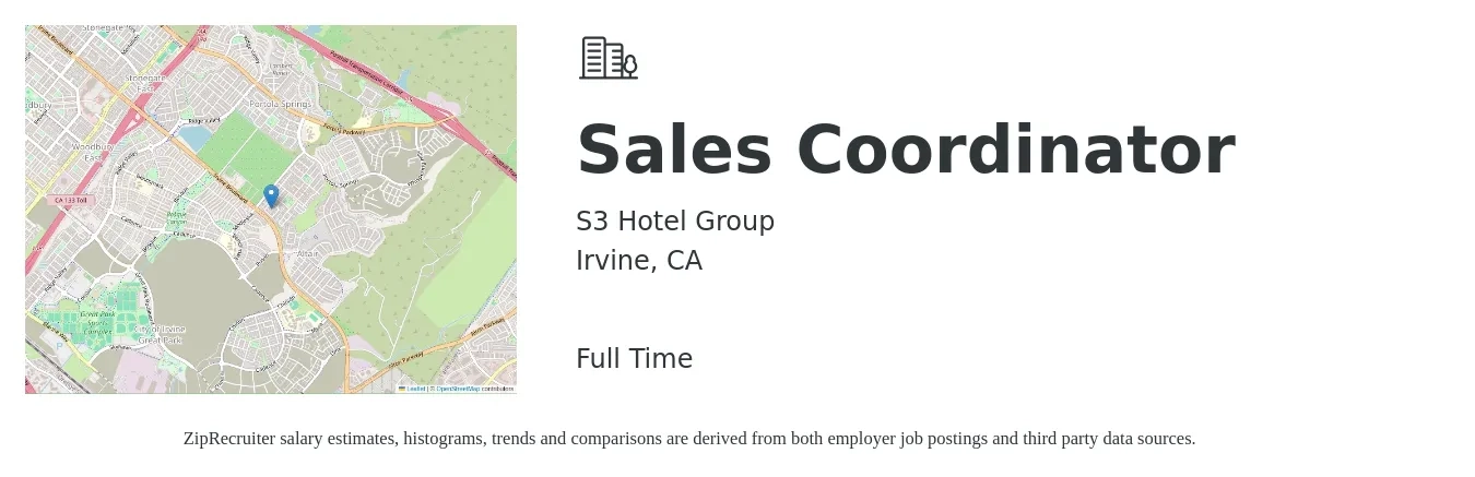 S3 Hotel Group job posting for a Sales Coordinator in Irvine, CA with a salary of $20 to $28 Hourly with a map of Irvine location.