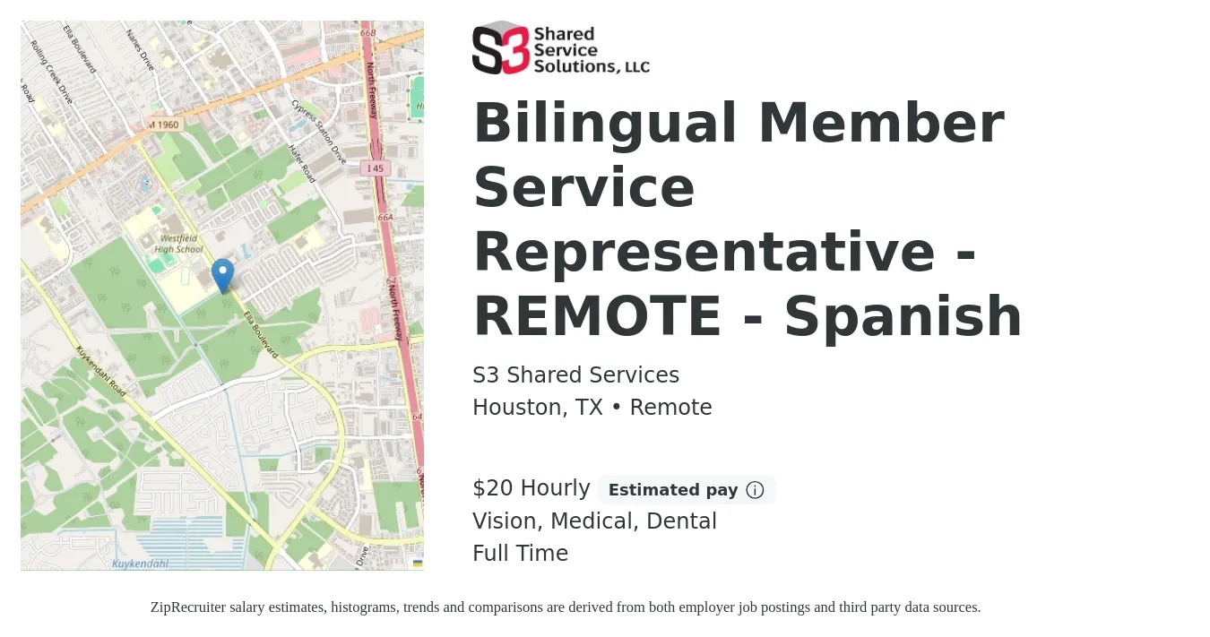 S3 Shared Services job posting for a Bilingual Member Service Representative - REMOTE - Spanish in Houston, TX with a salary of $21 Hourly and benefits including life_insurance, medical, retirement, vision, and dental with a map of Houston location.