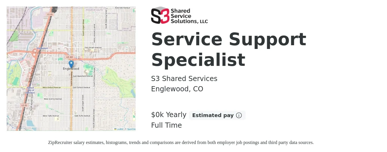 S3 Shared Services job posting for a Service Support Specialist in Englewood, CO with a salary of $20 to $22 Yearly with a map of Englewood location.