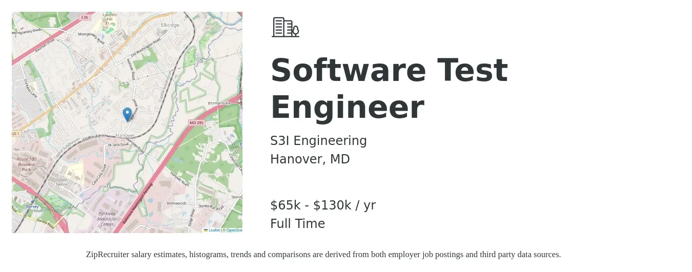 S3I Engineering job posting for a Software Test Engineer in Hanover, MD with a salary of $65,000 to $130,000 Yearly with a map of Hanover location.