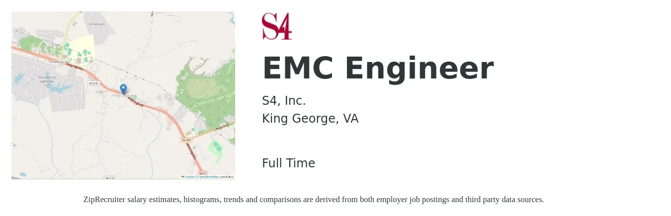S4, Inc. job posting for a EMC Engineer in King George, VA with a salary of $78,400 to $108,800 Yearly with a map of King George location.