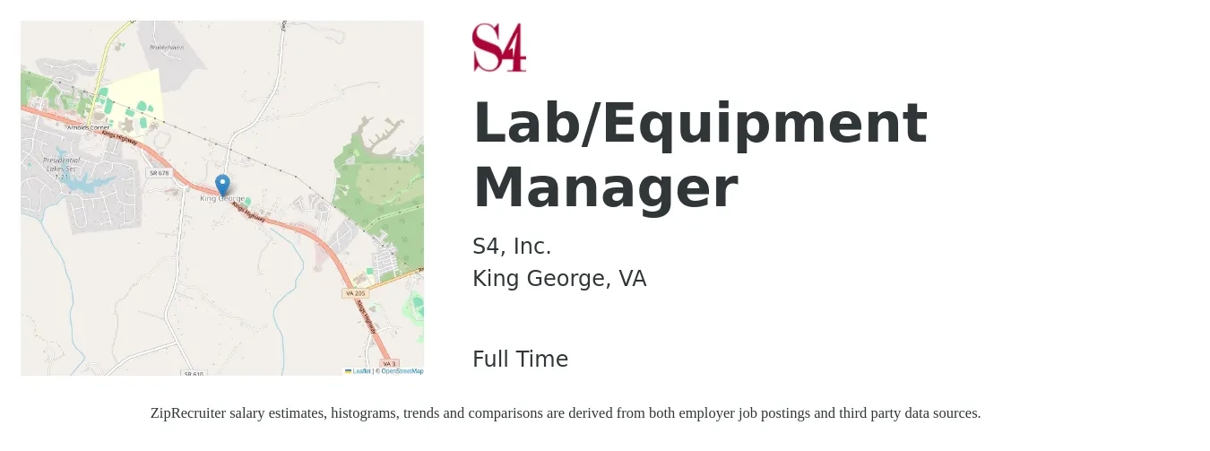 S4, Inc. job posting for a Lab/Equipment Manager in King George, VA with a salary of $65,400 to $103,600 Yearly with a map of King George location.
