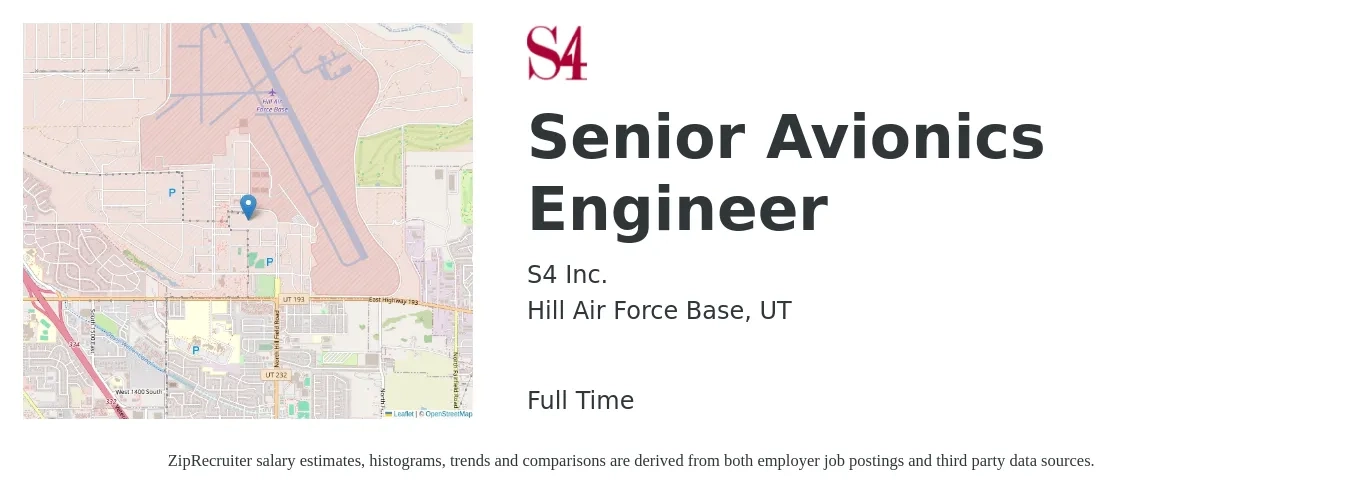 S4 Inc. job posting for a Senior Avionics Engineer in Hill Air Force Base, UT with a salary of $80,500 to $125,600 Yearly with a map of Hill Air Force Base location.