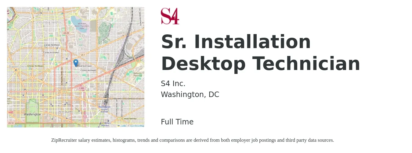 S4 Inc. job posting for a Sr. Installation Desktop Technician in Washington, DC with a salary of $31 to $36 Hourly with a map of Washington location.