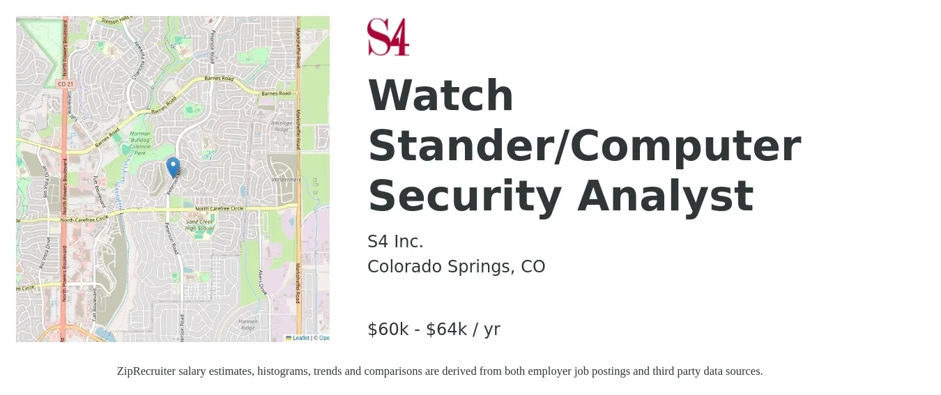 S4 Inc. job posting for a Watch Stander/Computer Security Analyst in Colorado Springs, CO with a salary of $60,000 to $64,000 Yearly with a map of Colorado Springs location.