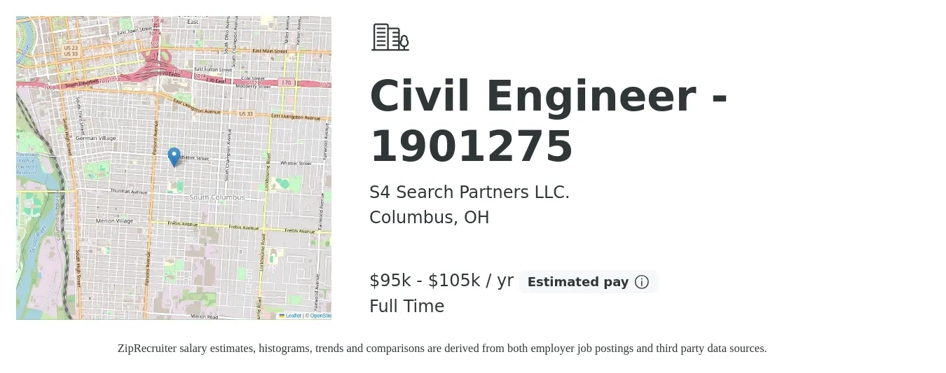 S4 Search Partners LLC. job posting for a Civil Engineer - 1901275 in Columbus, OH with a salary of $95,000 to $105,000 Yearly with a map of Columbus location.