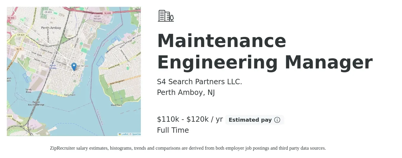 S4 Search Partners LLC. job posting for a Maintenance Engineering Manager in Perth Amboy, NJ with a salary of $110,000 to $120,000 Yearly with a map of Perth Amboy location.