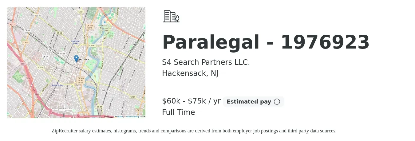 S4 Search Partners LLC. job posting for a Paralegal - 1976923 in Hackensack, NJ with a salary of $60,000 to $75,000 Yearly with a map of Hackensack location.