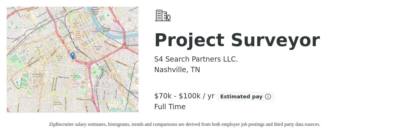 S4 Search Partners LLC. job posting for a Project Surveyor in Nashville, TN with a salary of $70,000 to $100,000 Yearly with a map of Nashville location.