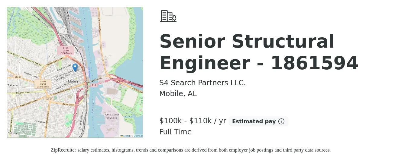 S4 Search Partners LLC. job posting for a Senior Structural Engineer - 1861594 in Mobile, AL with a salary of $100,000 to $110,000 Yearly with a map of Mobile location.