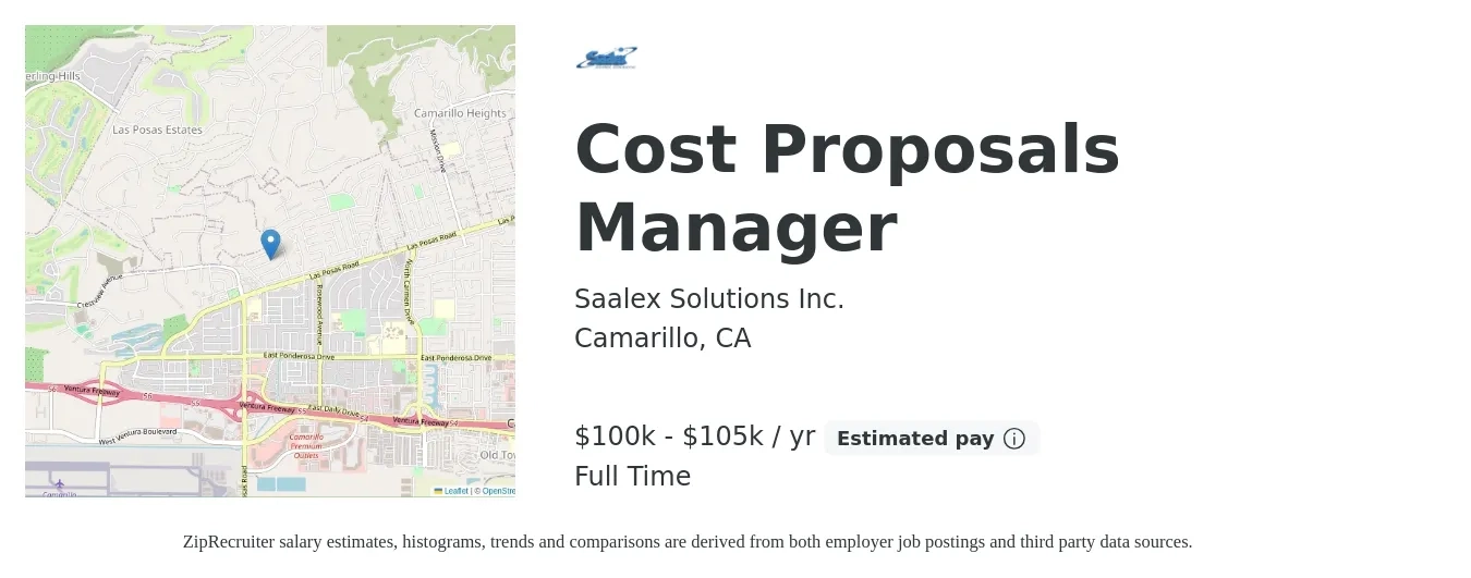 Saalex Solutions Inc. job posting for a Cost Proposals Manager in Camarillo, CA with a salary of $100,000 to $105,000 Yearly with a map of Camarillo location.