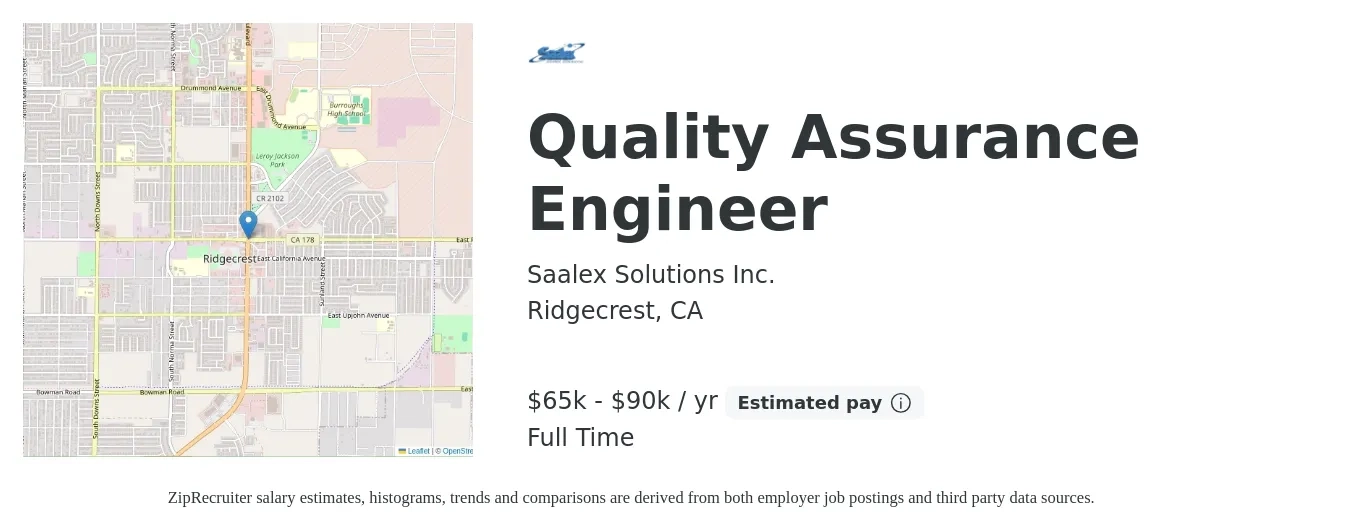 Saalex Solutions Inc. job posting for a Quality Assurance Engineer in Ridgecrest, CA with a salary of $65,000 to $90,000 Yearly with a map of Ridgecrest location.