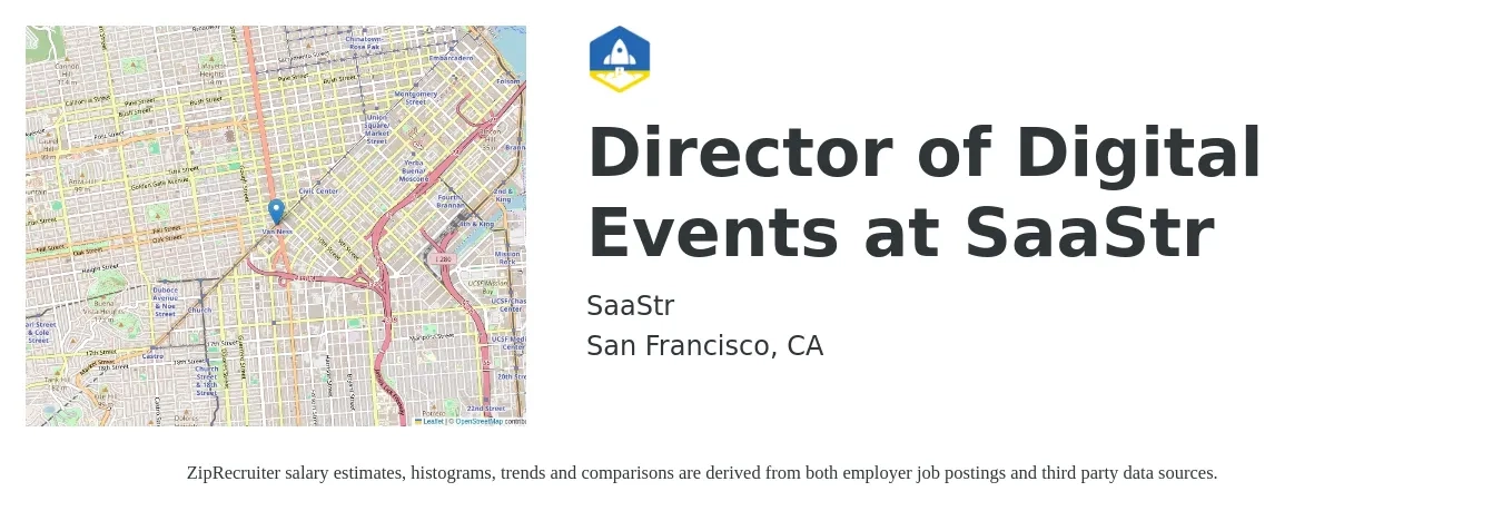 SaaStr job posting for a Director of Digital Events at SaaStr in San Francisco, CA with a salary of $100,100 to $176,600 Yearly with a map of San Francisco location.