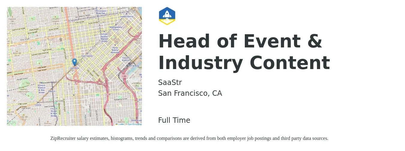 SaaStr job posting for a Head of Event & Industry Content in San Francisco, CA with a salary of $53,000 to $94,200 Yearly with a map of San Francisco location.