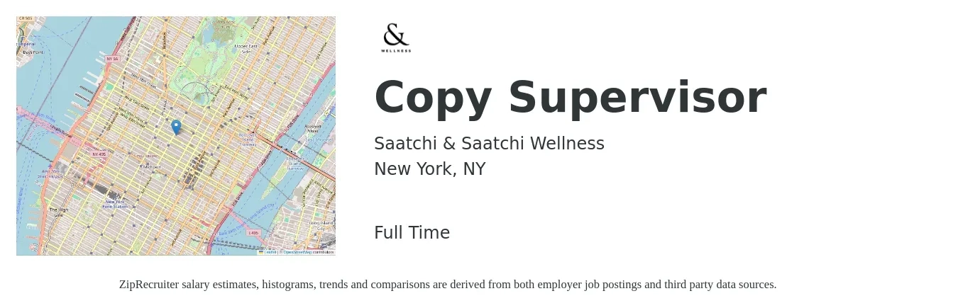 Saatchi & Saatchi Wellness job posting for a Copy Supervisor in New York, NY with a salary of $73,500 to $123,500 Yearly with a map of New York location.