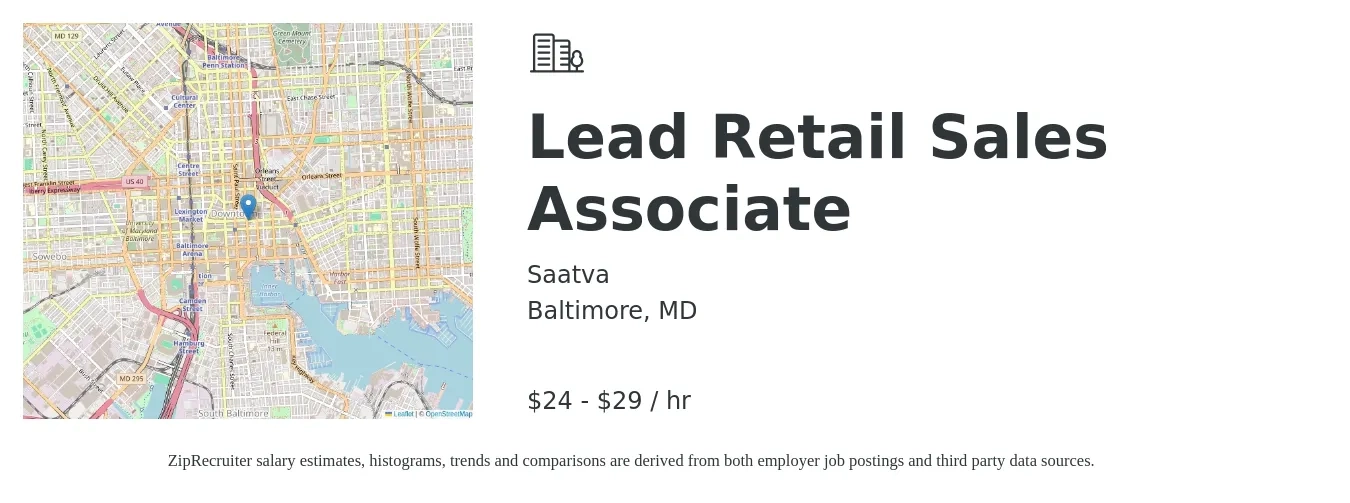 Saatva job posting for a Lead Retail Sales Associate in Baltimore, MD with a salary of $25 to $31 Yearly with a map of Baltimore location.