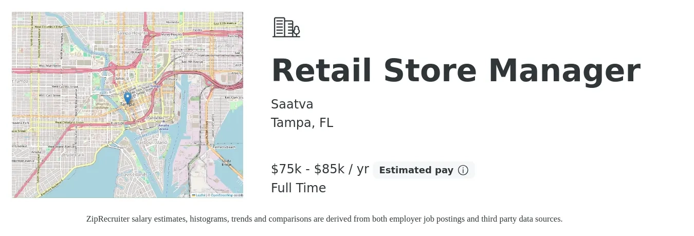 Saatva job posting for a Retail Store Manager in Tampa, FL with a salary of $75,000 to $85,000 Yearly with a map of Tampa location.