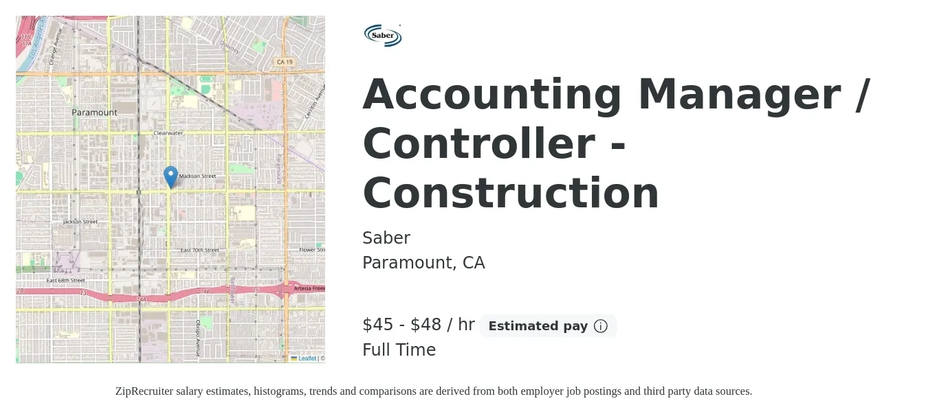 Saber job posting for a Accounting Manager / Controller - Construction in Paramount, CA with a salary of $42 to $50 Hourly with a map of Paramount location.