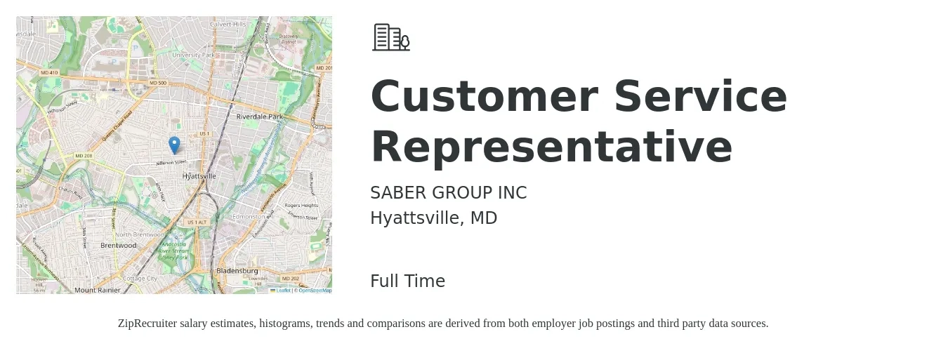 SABER GROUP INC job posting for a Customer Service Representative in Hyattsville, MD with a salary of $14 to $16 Hourly with a map of Hyattsville location.