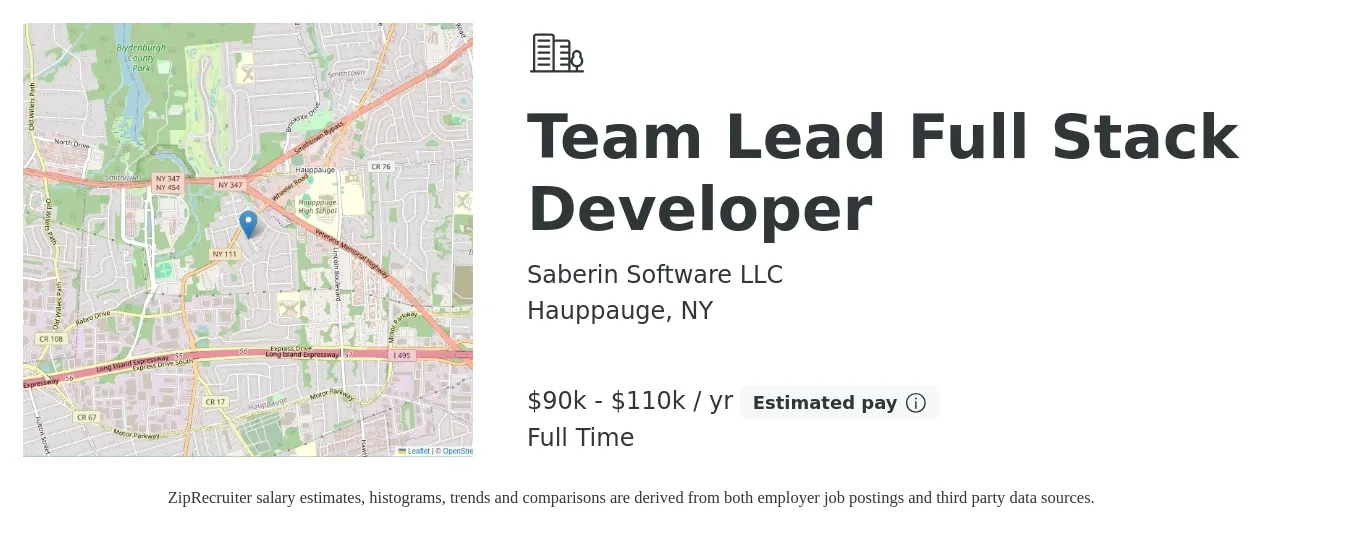 Saberin Software LLC job posting for a Team Lead Full Stack Developer in Hauppauge, NY with a salary of $90,000 to $110,000 Yearly with a map of Hauppauge location.