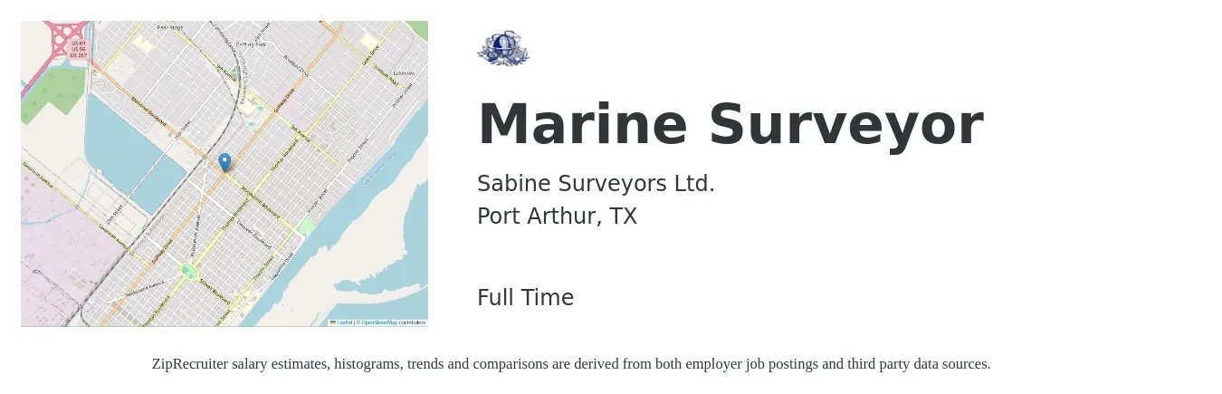 Sabine Surveyors Ltd. job posting for a Marine Surveyor in Port Arthur, TX with a salary of $58,900 to $67,400 Yearly with a map of Port Arthur location.