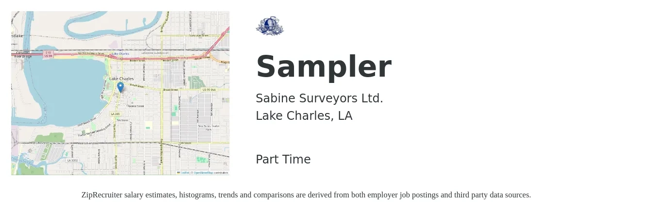 Sabine Surveyors Ltd. job posting for a Sampler in Lake Charles, LA with a salary of $16 to $20 Hourly with a map of Lake Charles location.